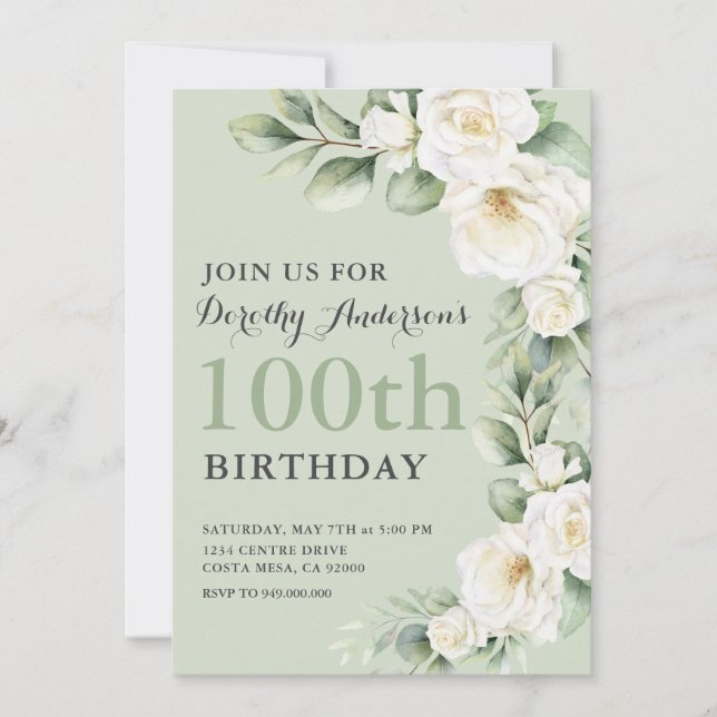 Elegant Vit ros Eucalyptus 100:e Födelsedagsfesten Inbjudningar (Framsida)