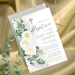Elegant Vit ros Eucalyptus Blommigt Girl Baptism Inbjudningar