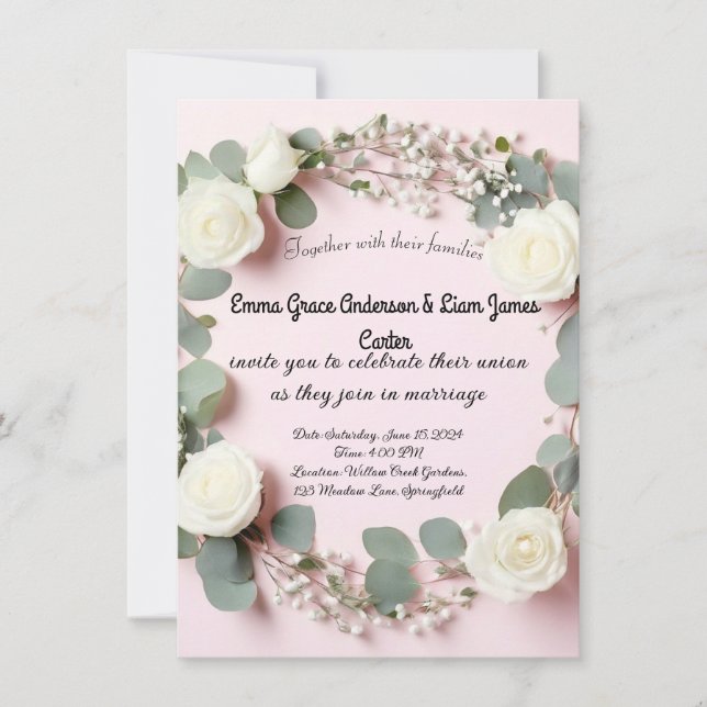 Elegant Vit ros & Eucalyptus bröllopsinbjudan Inbjudningar (Framsida)