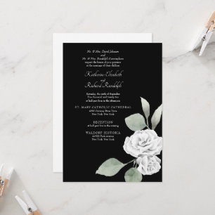 Elegant Vit ros Foliage Black Bröllop Inbjudningar