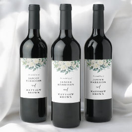 Elegant Vit ros Greenery Blommigt Bröllop Vinflaska Etikett