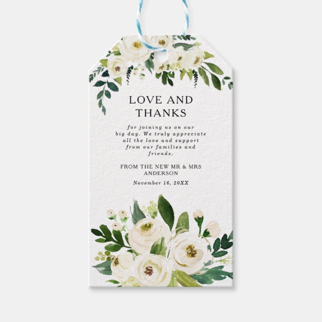 Elegant Vit ros Greenery Bröllop Tack Presentetikett (Framsidan)