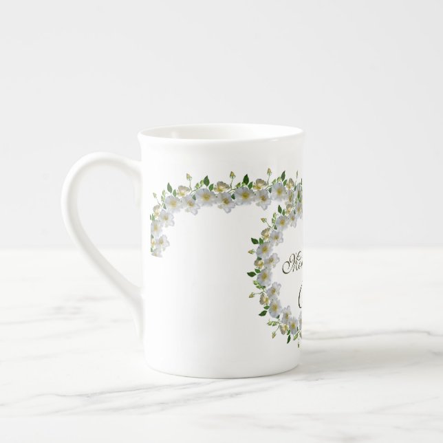 Elegant Vit ros Greenery Budens mamma Benporslin Mugg (Vänster)