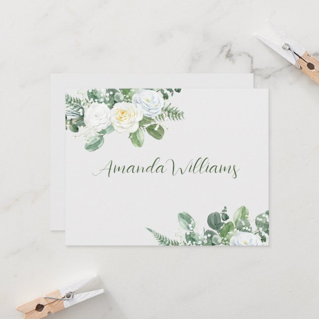 Elegant Vit ros & Greenery Escort Card Inbjudningar (Fram/Back In Situ)