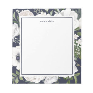 Elegant Vit ros Greenery Navy Blue Namn Anteckningsblock