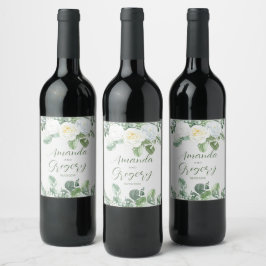 Elegant Vit ros & Greenery Vinflaska Etikett