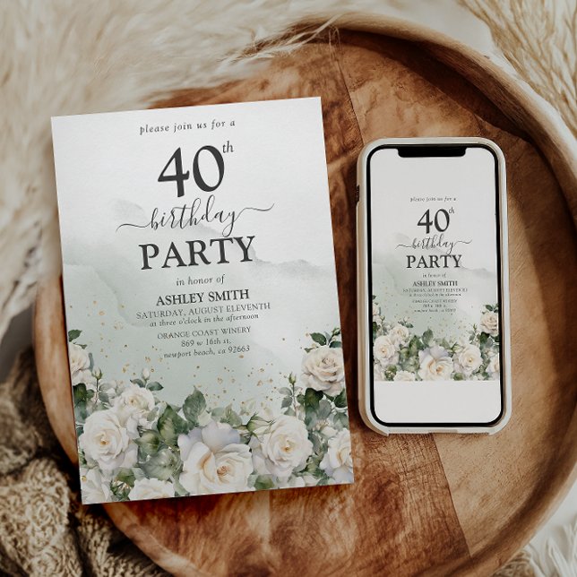 Elegant Vit ros & Grey 40:e födelsedagen Inbjudningar (Skapare uppladdad)