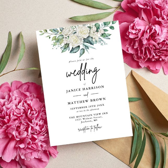 Elegant vit ros grönska blomsterbröllop inbjudningar (White rose greenery invitation sets a timeless tone while beautifully sharing your wedding details.)