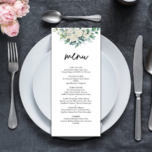 Elegant vit ros grönska blomsterbröllop meny