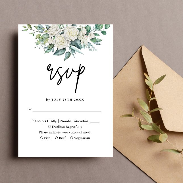 Elegant vit ros grönska blomsterbröllop OSA kort (White rose greenery RSVP card helps guests respond easily with elegant charm.)