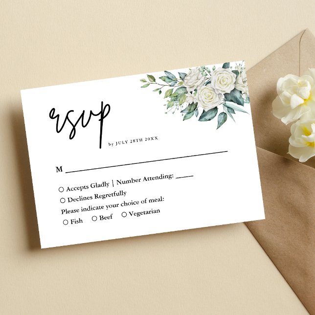 Elegant vit ros grönska blomsterbröllop OSA kort (White rose greenery RSVP card simplifies responses while adding elegant charm.)