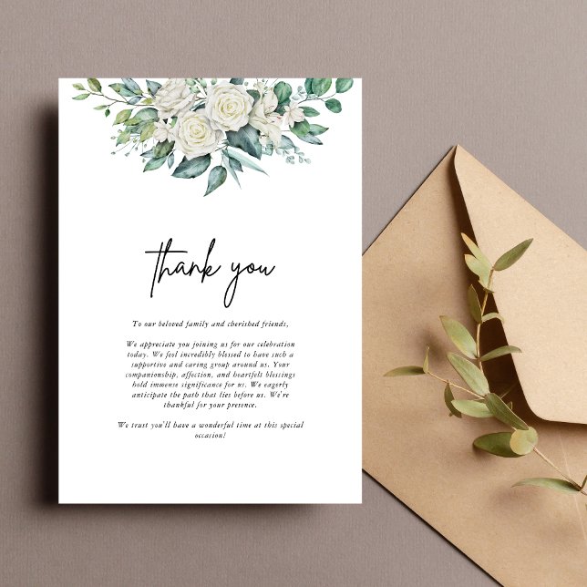 Elegant vit ros grönska blomsterbröllop tack kort (White rose greenery thank you card expresses heartfelt gratitude with elegant floral charm.)