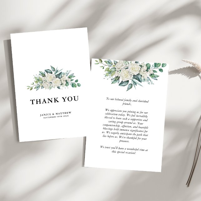 Elegant vit ros grönska blomsterbröllop tack kort (White rose greenery thank you card shares heartfelt gratitude with timeless elegance.)