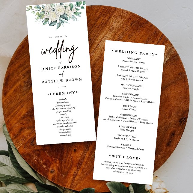 Elegant vit ros grönska blomsterbröllopsprogram (White rose greenery wedding program adds timeless elegance while guiding your ceremony flow.)