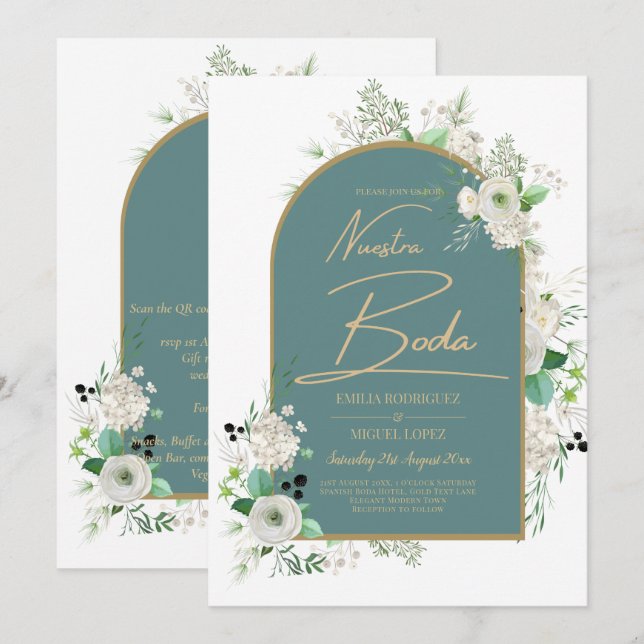 Elegant Vit ros Nuestra Boda Spanska Bröllop Inbjudningar (Fram/baksida)