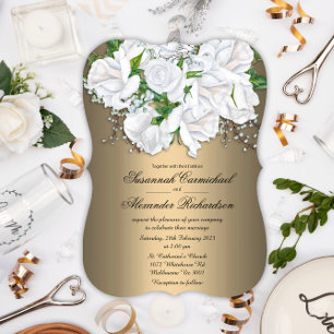 Elegant Vit ros och Blek Bronze Blommigt Bröllop Inbjudningar