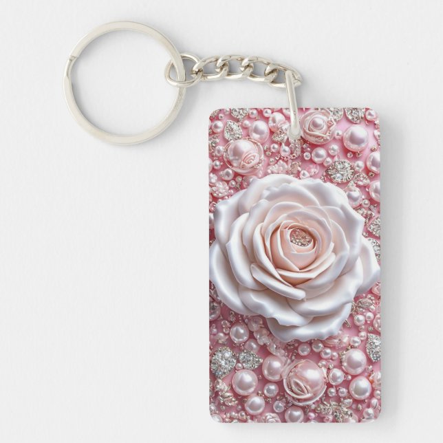 Elegant vit ros och gnistrande rosa pärlor (Framsidan)