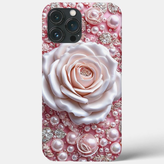 Elegant vit ros och gnistrande rosa pärlor (Baksida)