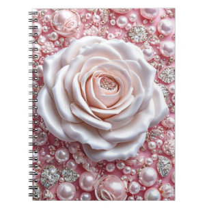 Elegant vit ros och gnistrande rosa pärlor anteckningsbok