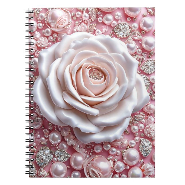 Elegant vit ros och gnistrande rosa pärlor anteckningsbok (Framsidan)