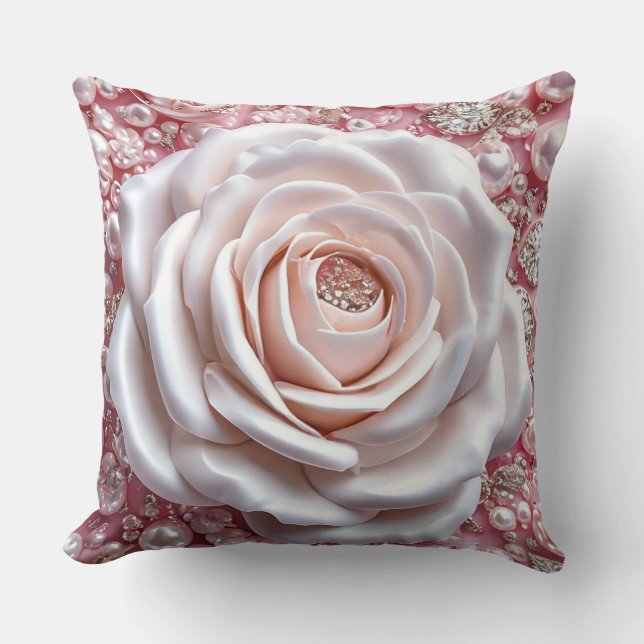 Elegant vit ros och gnistrande rosa pärlor kudde (Framsida)