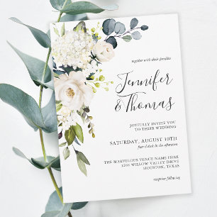 Elegant Vit ros och Hydrangeas Blommigt Bröllop Inbjudningar