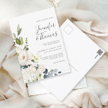 Elegant Vit ros och Hydrangeas Bröllop Vykort<br><div class="desc">Med ett populärt system för neutralt färg tillhandahålls denna inbjudan till bröllop bekvämt på ett postkort för ekonomisk utskickning. Utformningen av magnetkortet har en kaskadande bukett av vita blommigtar med vattenfärg och efterföljande grön. Blommorna omfattar ro, vattenområden och matchande blandade blommigtar för en underbar effekt. De textpar som används i...</div>