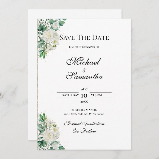 Elegant Vit ros och Lilies Bröllop Spara Datumet (Fram/baksida)
