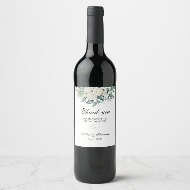 Elegant vit ros och liljor bröllop vinflaska etikett (Framsida)