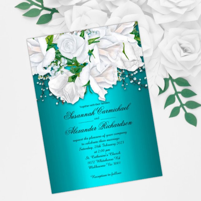Elegant Vit ros om inbjudan till Aqua Wedding (Skapare uppladdad)
