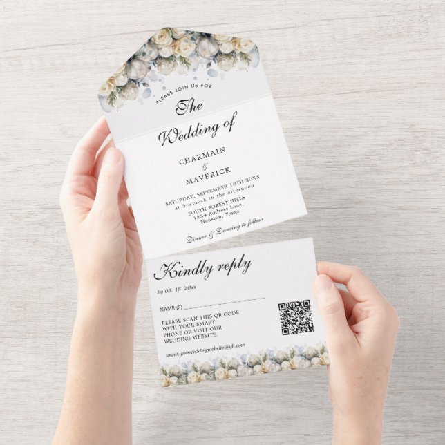Elegant Vit ros OSA QR-koden Bröllop (Avrivbar del)