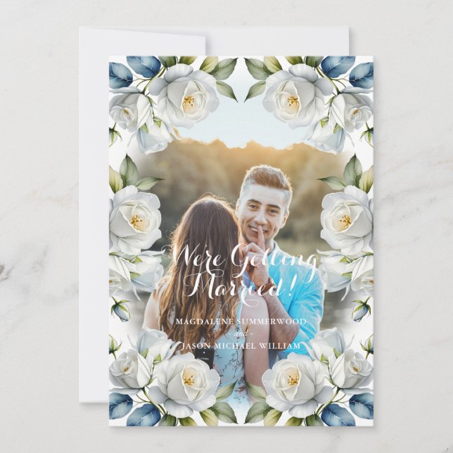 Elegant Vit ros par Photo Bröllop Inbjudningar (Framsida)
