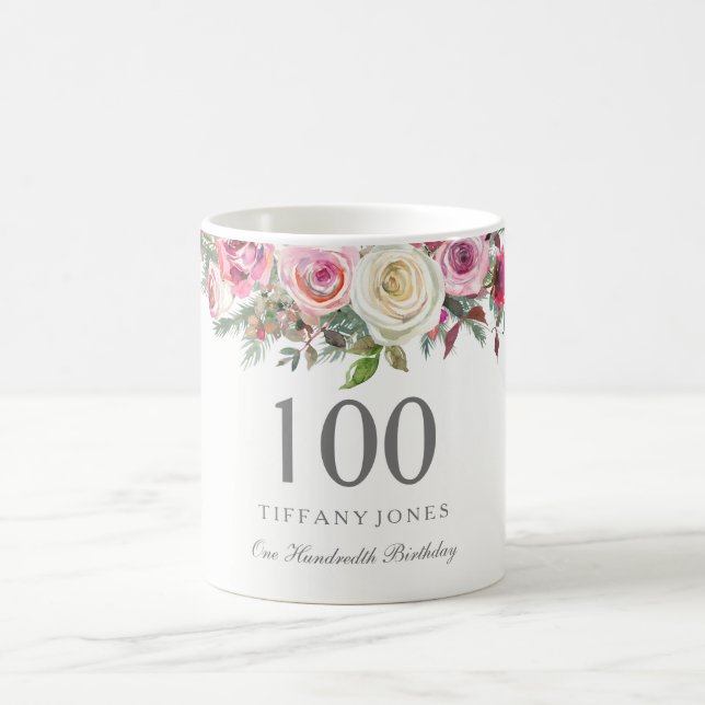 Elegant Vit ros Rosa Blommigt 100:e födelsedag Kaffemugg (Center)