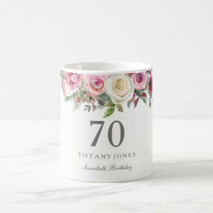 Elegant Vit ros Rosa Blommigt 70:e födelsedagen Kaffemugg