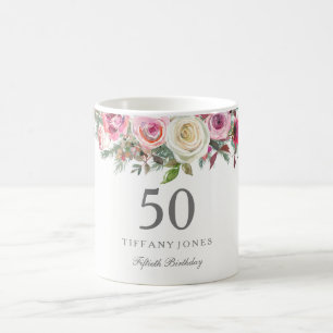 Elegant Vit ros Rosa Blommigt 70:e födelsedagen Kaffemugg