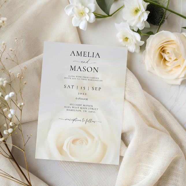 Elegant vit ros skrift bröllopsinbjudan inbjudningar (Elegant White Rose Script Wedding Invitation)