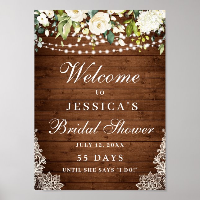 Elegant Vit ros Snöre Rustic Wood Möhippa Poster (Framsidan)