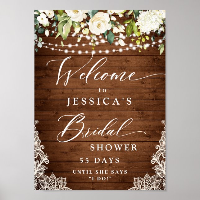 Elegant Vit ros Snöre Rustic Wood Möhippa Poster (Framsidan)