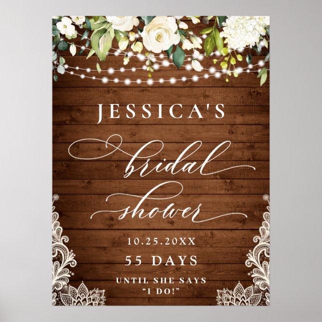 Elegant Vit ros Snöre Rustic Wood Möhippa Poster (Framsidan)