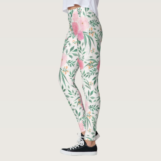 Elegant Vit Rosa Flowers Blommigt för vattenfärg Leggings (Vänster)