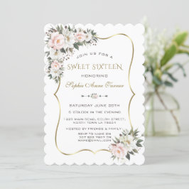 Elegant Vit Rosa Flowers Guld Ram Sweet 16 Inbjudningar