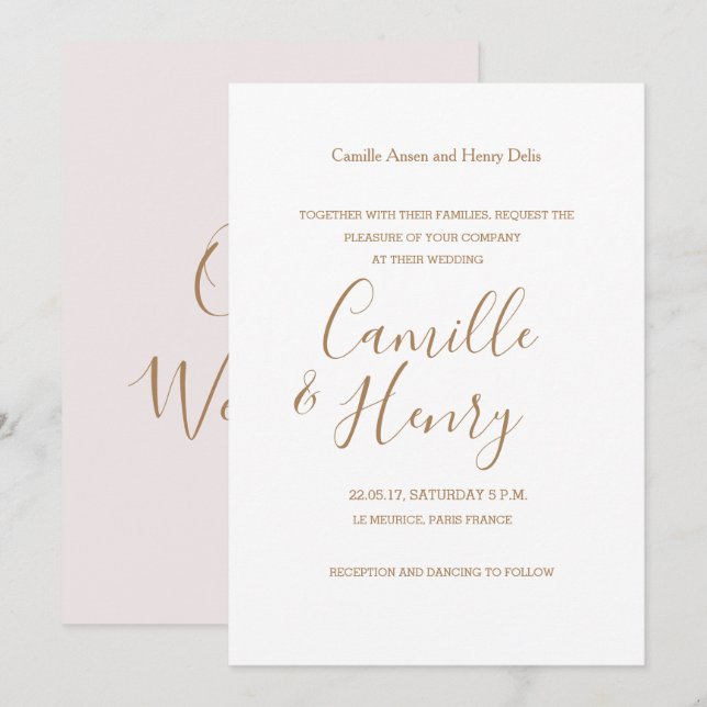 Elegant vit  rosa guld modern bröllop inbjudningar (Fram/baksida)