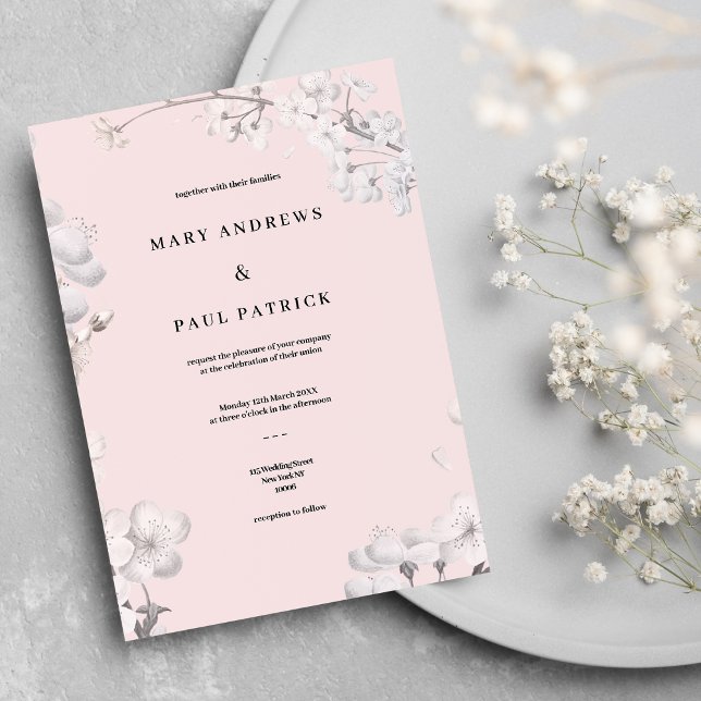 Elegant vit rosa körsbär blommar blommigt Bröllop Inbjudningar (Elegant white pink cherry blossom floral Wedding )