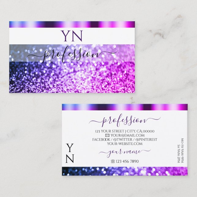 Elegant Vit Rosa Lila Gnistra Glitter Monogram Visitkort (Fram/baksida)