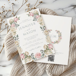 Elegant Vit Rosa ros Blommigt Utandning Bröllop Inbjudningar