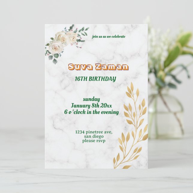 Elegant vit rosblommig 16-årsdag inbjudningar (Stående Fram)