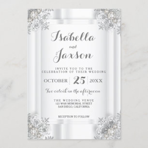 Elegant vit satin och silver Vit utsmyckad Inbjudningar