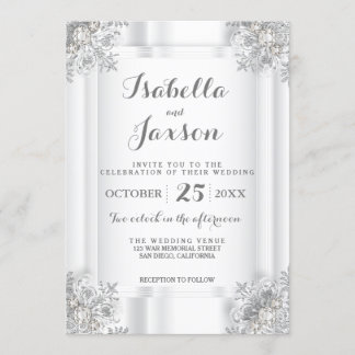 Elegant vit satin och silvervit utsmyckad inbjudningar