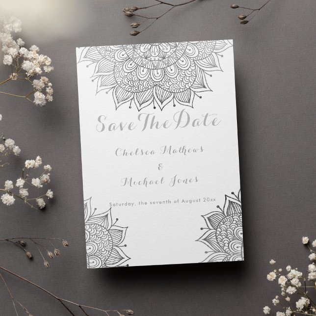 Elegant vit silver blommigt mandala Spara datum Inbjudningar (Elegant white silver floral mandala Save The Date Invitation)