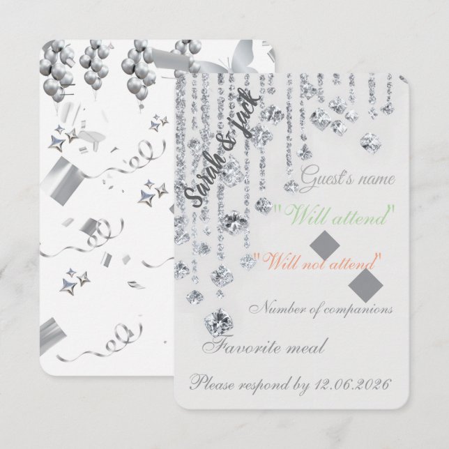 Elegant vit & silver bröllop RSVP-kort – Blommig & OSA Kort (Fram/baksida)